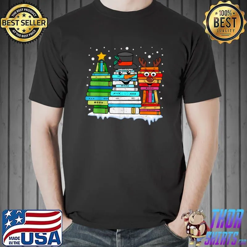 Christmas Tree Snowman Reindeer Book Stack Tee Librarian T-Shirt