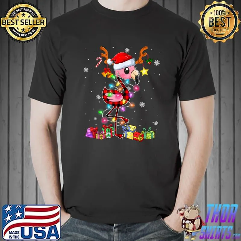 Cute Flamingo Christmas Tree Lights Santa Hat Costume T-Shirt