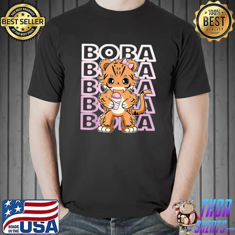 Cute Tiger Anime Cat Boba Bubble Tea T-Shirt