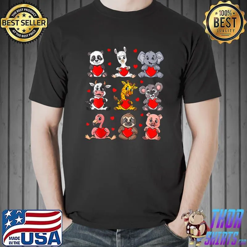 Cute Valentines Day Animals Holding Hearts Panda Elephant Cow Sloth And Pig T-Shirt