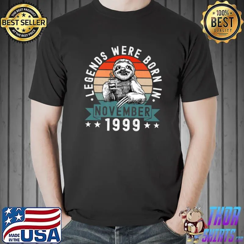 Legends Were Born In November 1999 Vintage Sunset Stars Sloth Birthday T-Shirt
