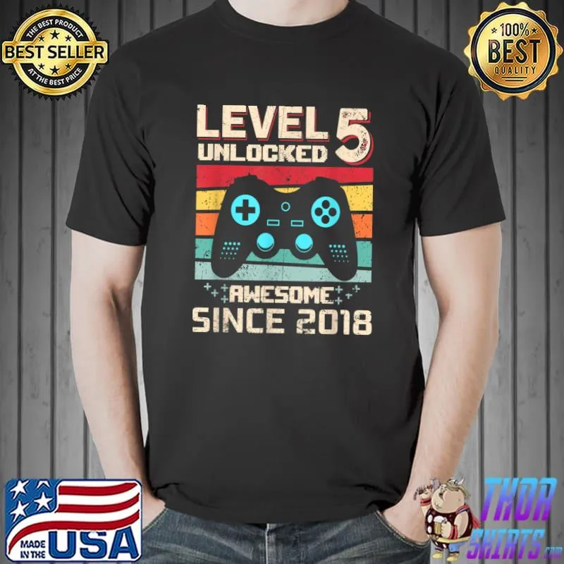 Level 5 Unlocked Awesome Since 2018 5 Year Gamer Birthday Video Game Vintage T-Shirt