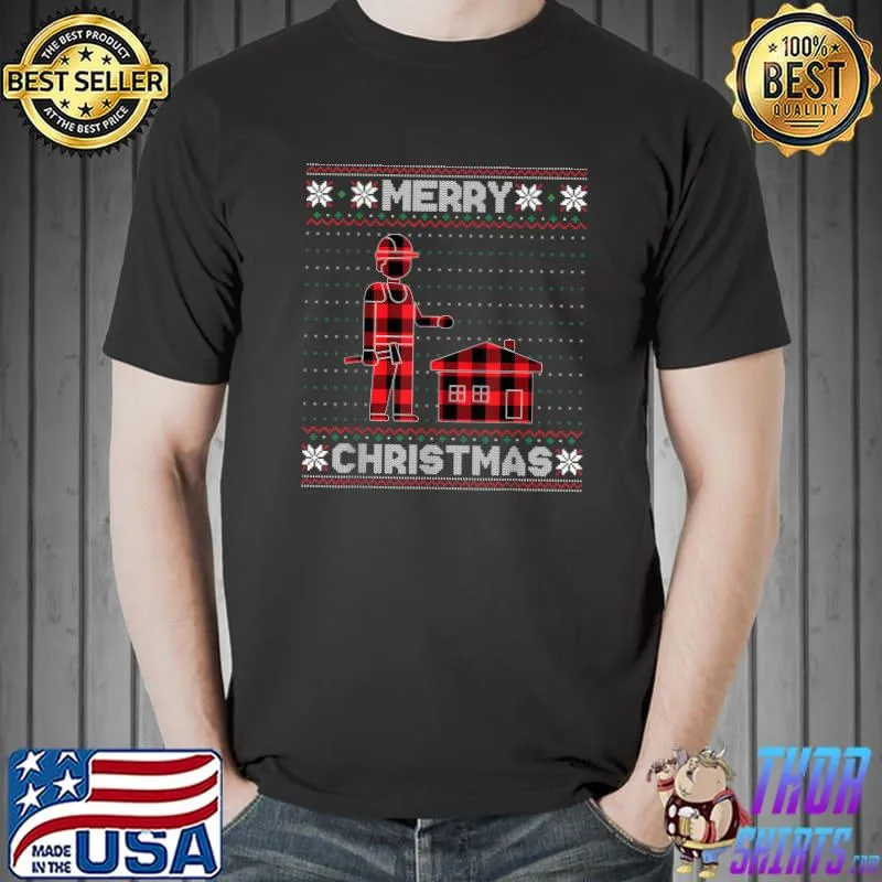 Merry Christmas Construction Worker Red Plaid Ugly Sweater Party T-Shirt