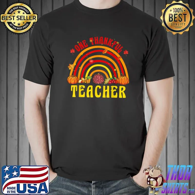 Rainbow One Thankful Teacher Thanksgiving Fall Pumpkins Leopard T-Shirt