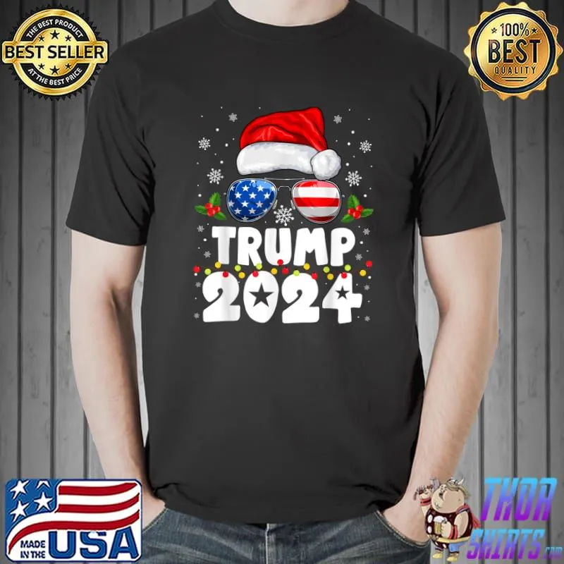 Santa Hat Sunglasses Usa Flag Lights Trump 2024 Xmas Lights Christmas T-Shirt