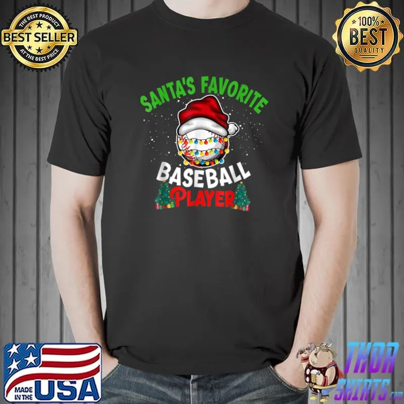 Santa's Favorite Baseball Player Christmas Lights Xmas T-Shirt