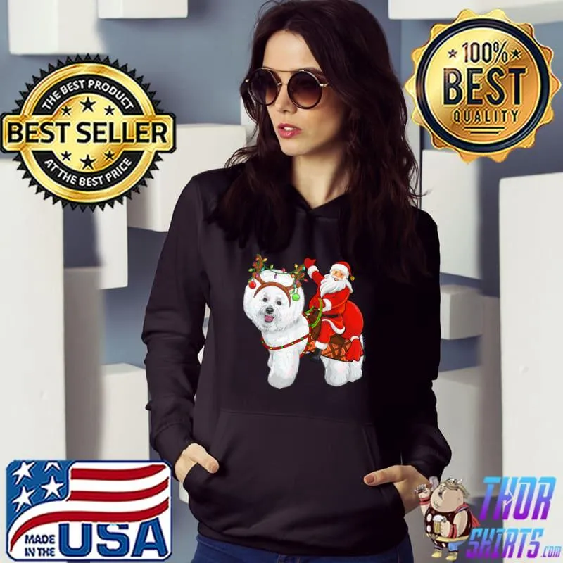 Xmas Holiday Santa Riding Bichon Frise Dog Christmas T-Shirt Hoodie