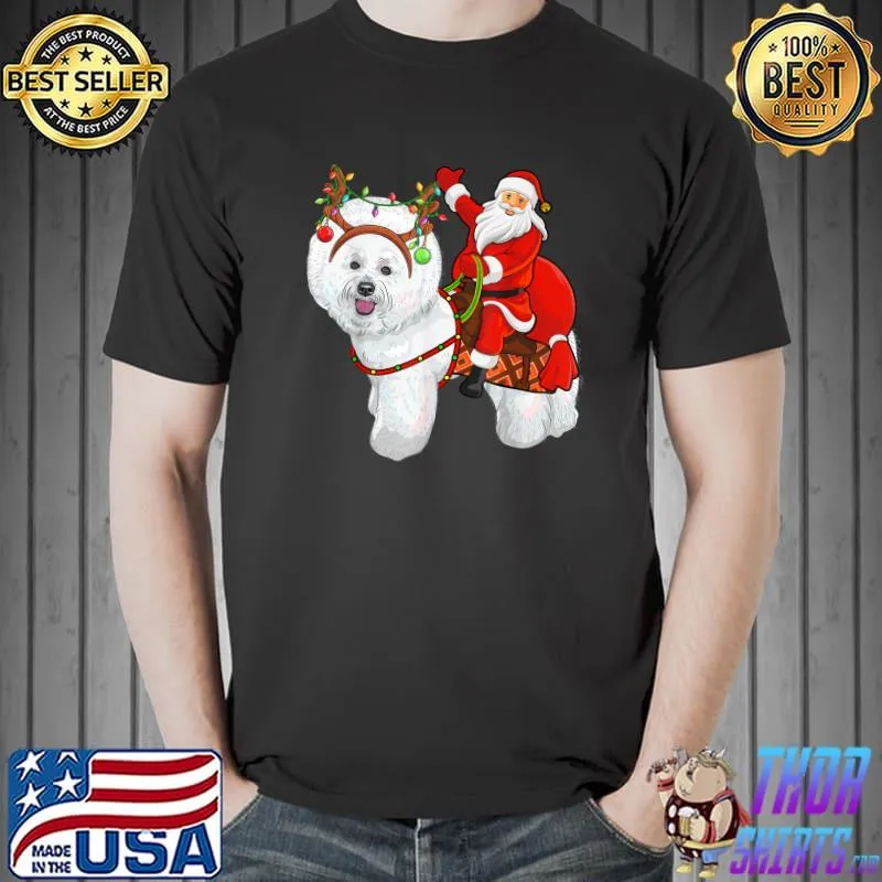 Xmas Holiday Santa Riding Bichon Frise Dog Christmas T-Shirt