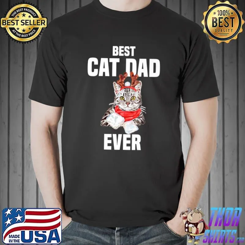 Best cat dad ever grey cat with reindeer christmas T-Shirt