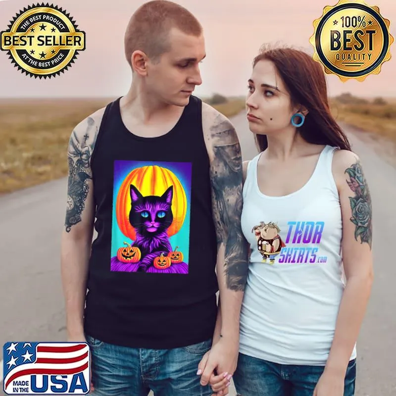 Colorful Groovy Pumpkins Halloween Cat Cool Relaxed Cat T-Shirt Tank Top