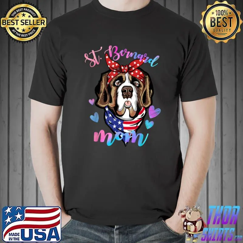 Cute St. Bernard Dog Mom Ribbon American Flag Hearts Mama Puppy Lover Mother T-Shirt