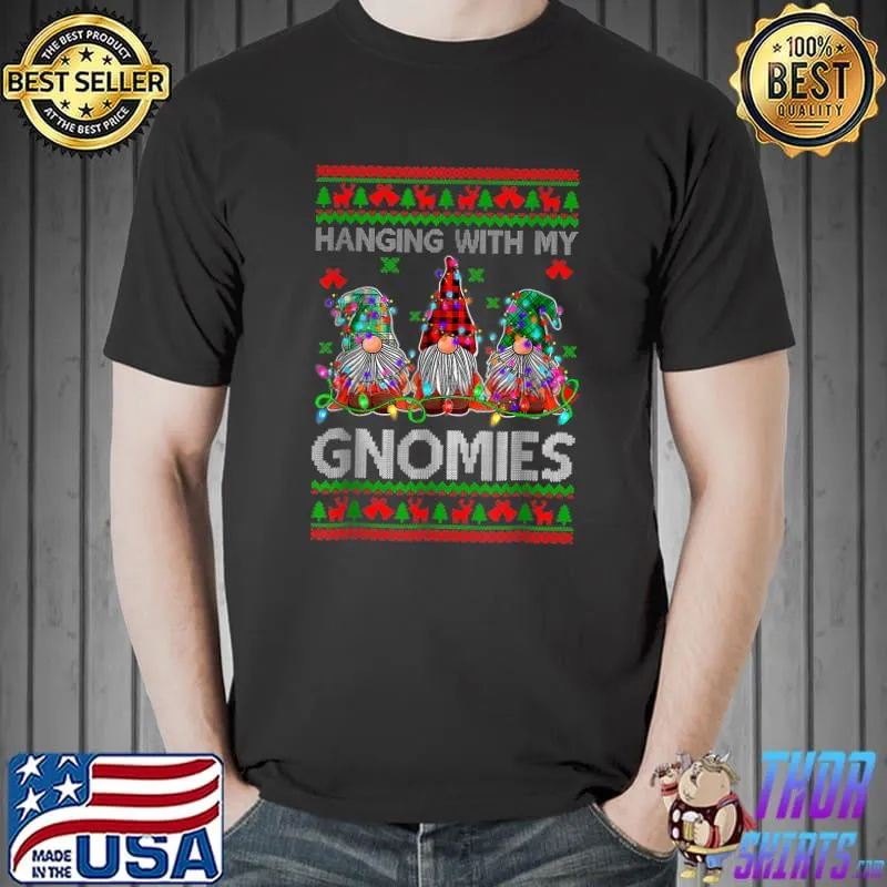 Hangin' With My Gnomies Three Gnomes Lights Christmas Buffalo Plaid T-Shirt