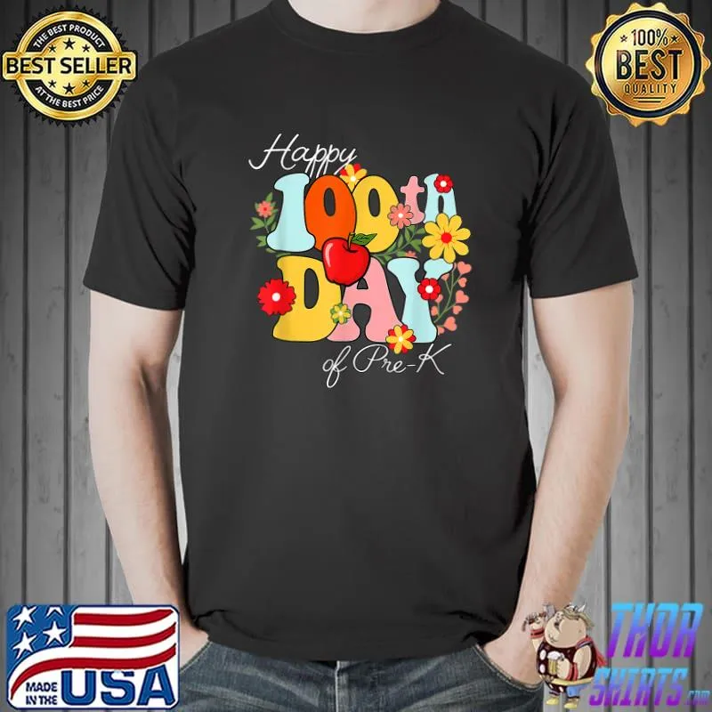 Happy 100 Days Of Pre K Teacher Retro Groovy 100th Day T-Shirt