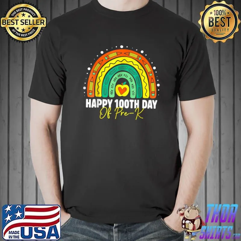 Happy 100th Day Of Pre-K Student Teacher Rainbow Retro T-Shirt