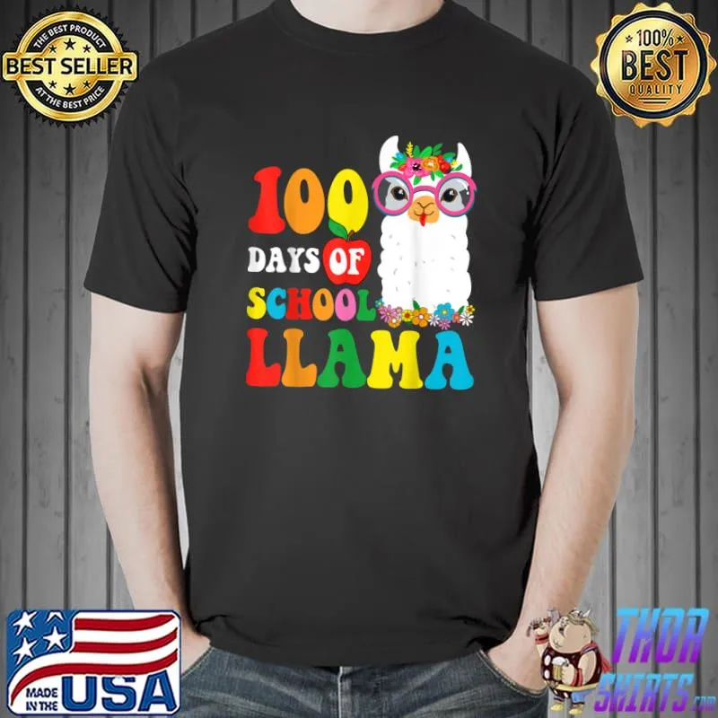 Happy 100th Day Of School Llama Teacher Student Flowers T-Shirt