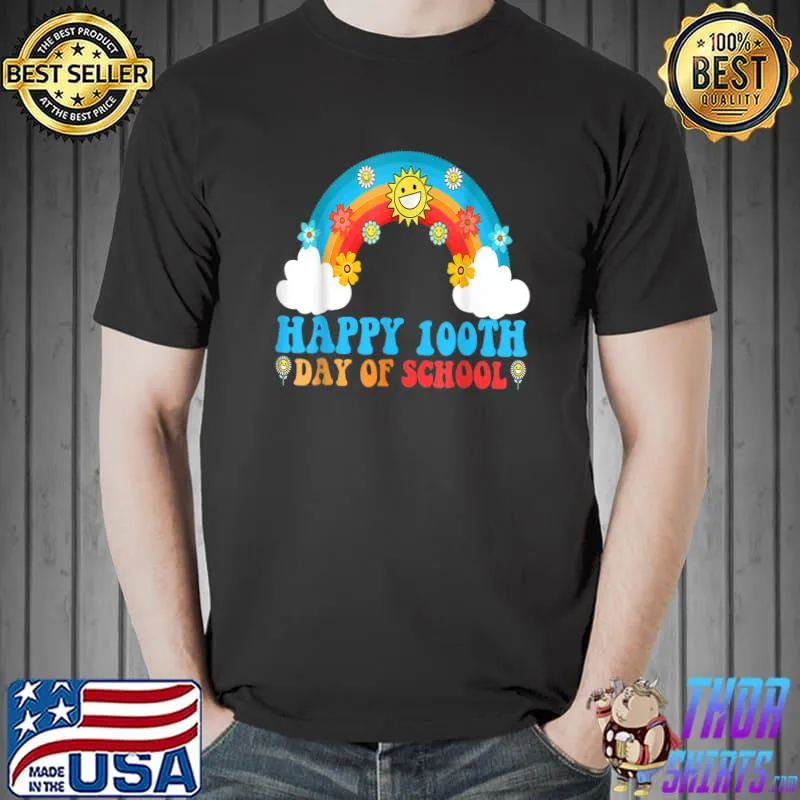 Happy 100th Days Of School Rainbow Cloud Retro Groovy Smarter Teacher T-Shirt