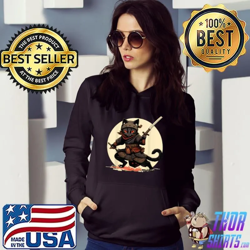 Japanese Samurai Ninja Cat Anime Kawaii Catzilla Cat Moon T-Shirt Hoodie