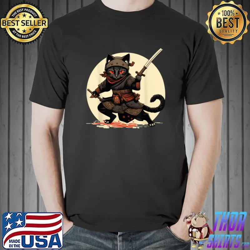 Japanese Samurai Ninja Cat Anime Kawaii Catzilla Cat Moon T-Shirt