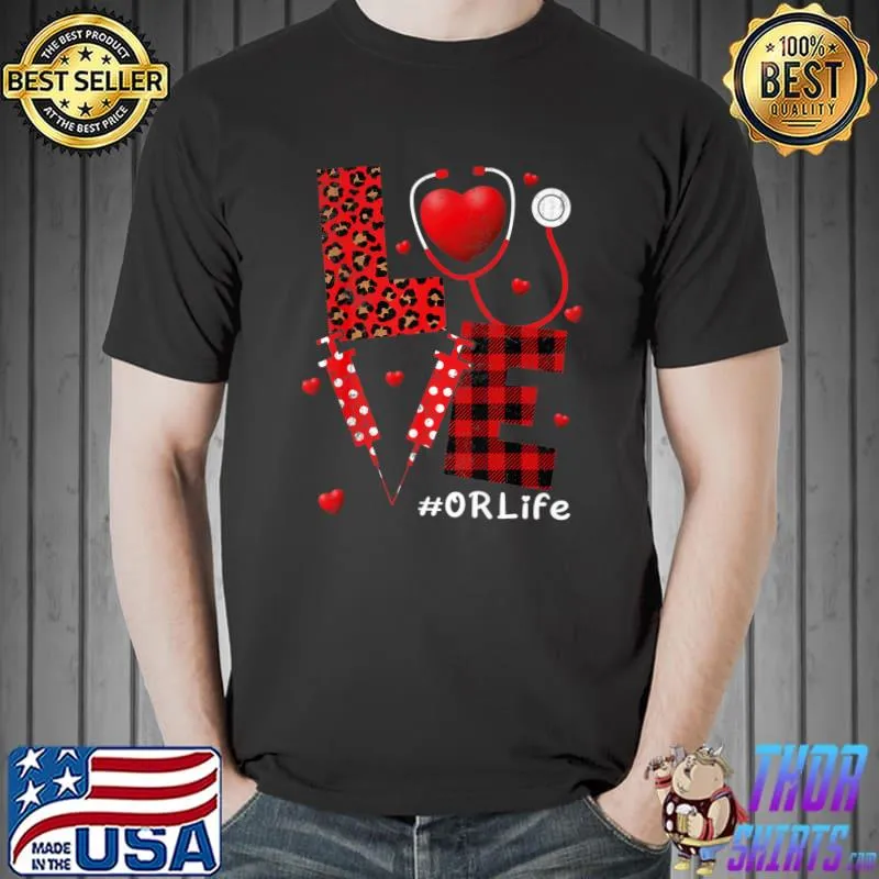 Love Heart Stethoscope Or Life Nurse Valentines Day Plaid Leopard T-Shirt