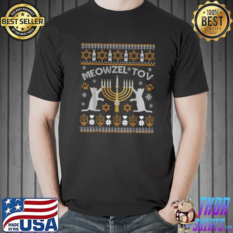 Meowzel Tov Chanukah Hanukkah Ugly Sweater Christmas T-Shirt