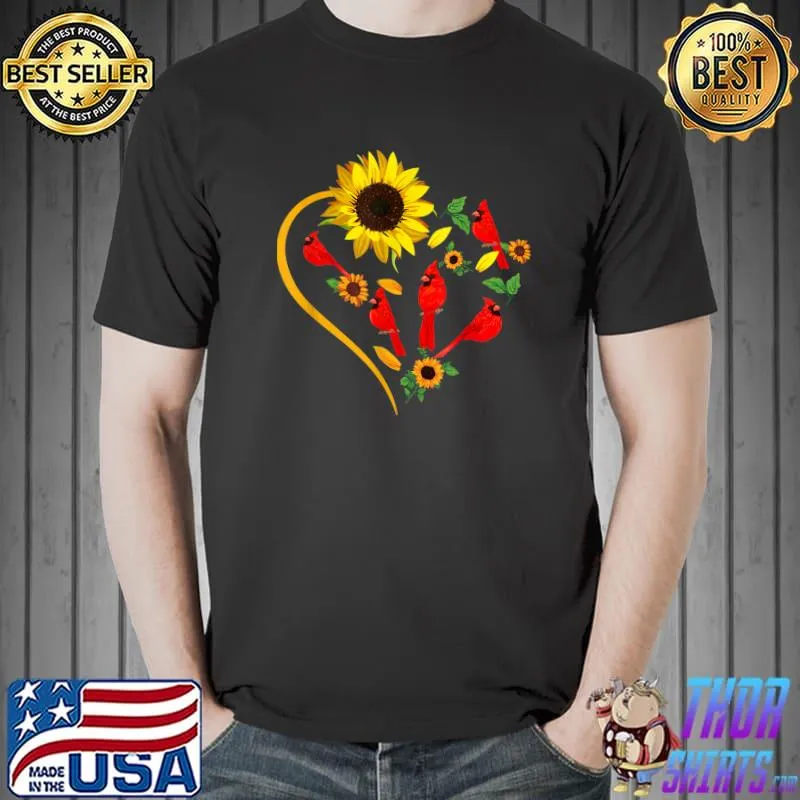 Sunflowers Cardinal Birds Heart Shape Bird Lover T-Shirt