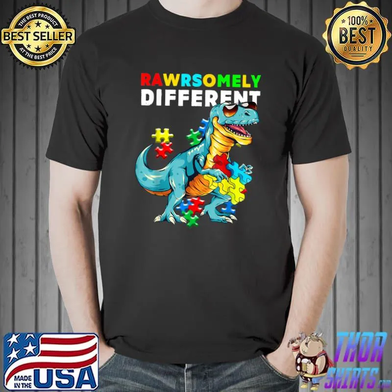 T Rex Dino Puzzle Rawrsomely Different Autism Awareness T-Shirt
