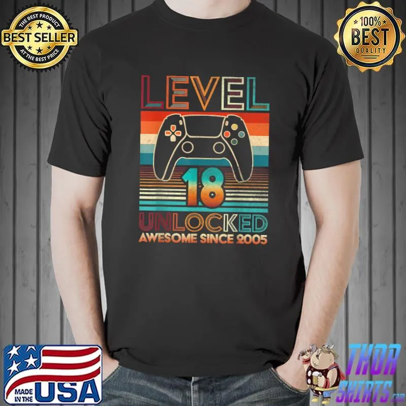 Unlocked Level 18 Awesome Since 2005 Game Controller Vintage 18th Birthday T-Shirt
