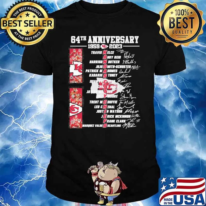 64th anniversary 1959 2023 Kansas city Chiefs Travis Kelce Andy Reid signatures shirt