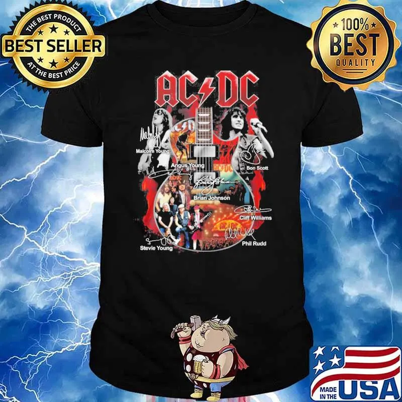 AC DC guitar Malcolm Young Angus Young Brian Johnson Stevie Young signatures shirt