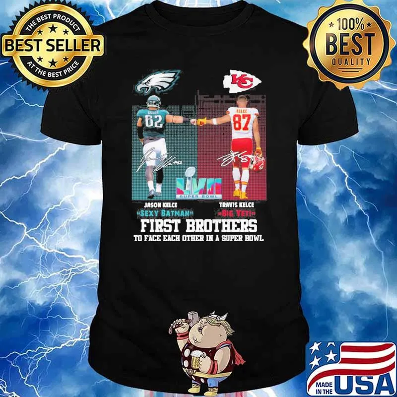Jason Kelce sexy batman Travis Kelce Big yet first brothers to face each other in a super bowl signatures Eagles Kansas city Chiefs shirt