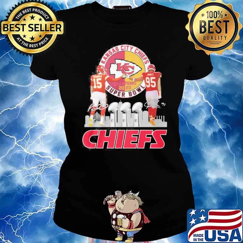 Kansas city Chiefs champiosn 2023 super bowl Kahomes Jones signatures s Ladies tee
