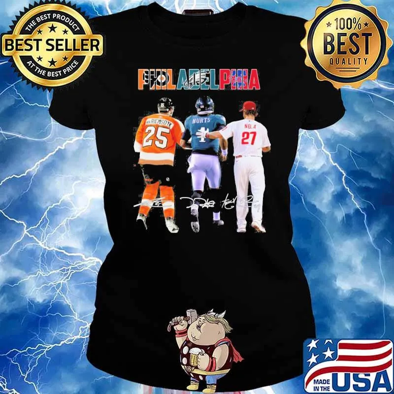 Philadelphia Flyers Eagles Phillies Riemsoyk Hurts Nola signatures s Ladies tee