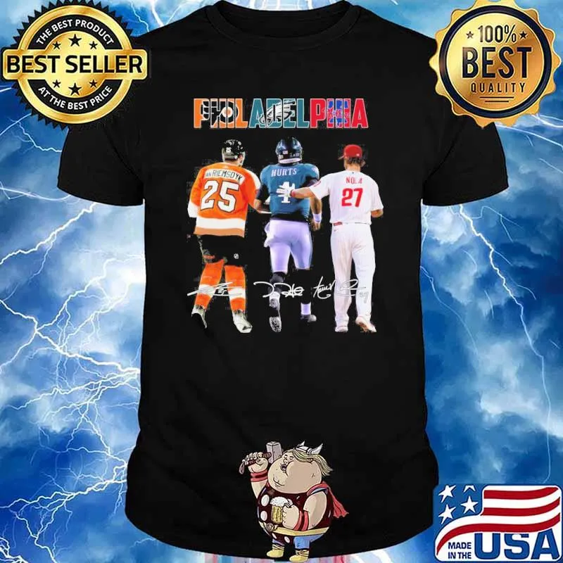 Philadelphia Flyers Eagles Phillies Riemsoyk Hurts Nola signatures shirt