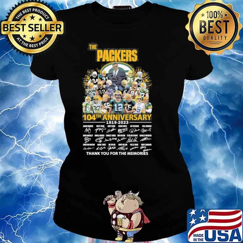 The Packers 104th anniversary 1919-2023 thank you for the memories signatures s Ladies tee
