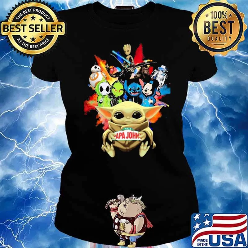 Baby yoda hug Pizza Papa John's Jack Skellington groot grinch stitch Mickey star wars s Ladies tee