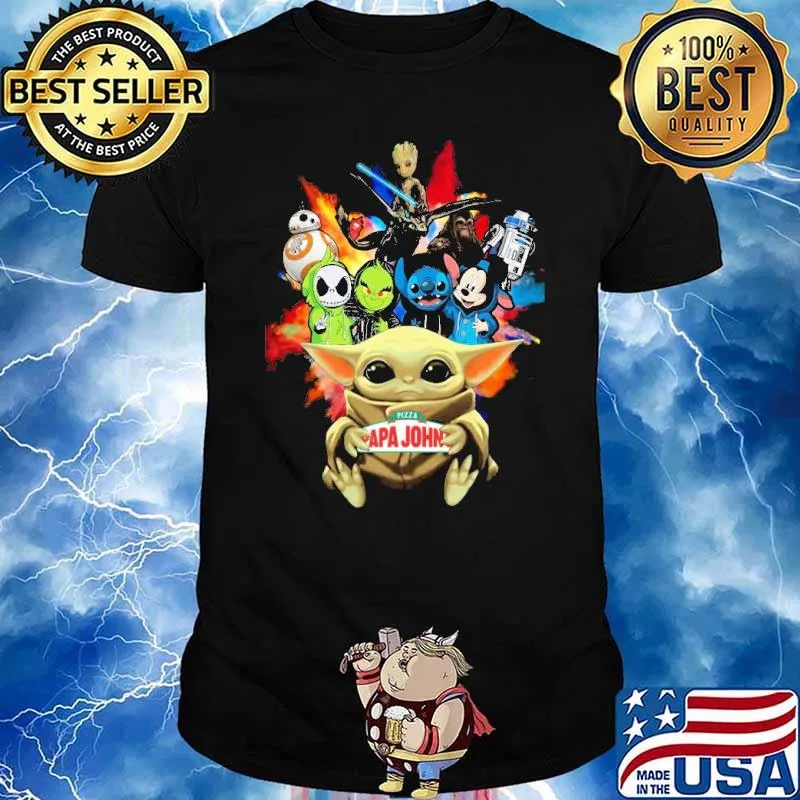 Baby yoda hug Pizza Papa John's Jack Skellington groot grinch stitch Mickey star wars shirt