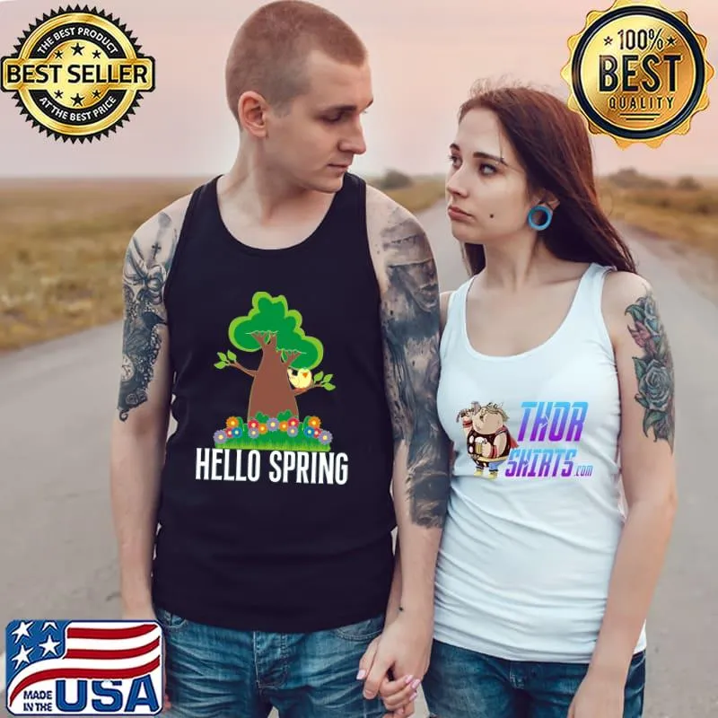 Hello Spring Season Tree Flowers Bird T-Shirt Tank Top