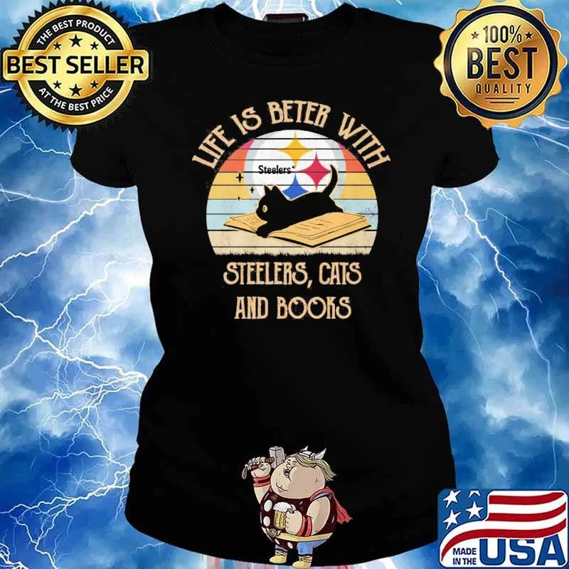 Life is better with Steelers cats and books vintage s Ladies tee