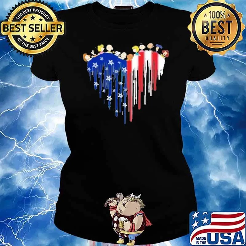 Snoopy Charlie Brown woodstocks and friends heart America flag s Ladies tee