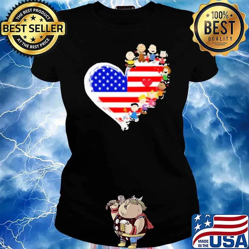 Snoopy Charlie Brown woodstocks and friends love heart America flag s Ladies tee