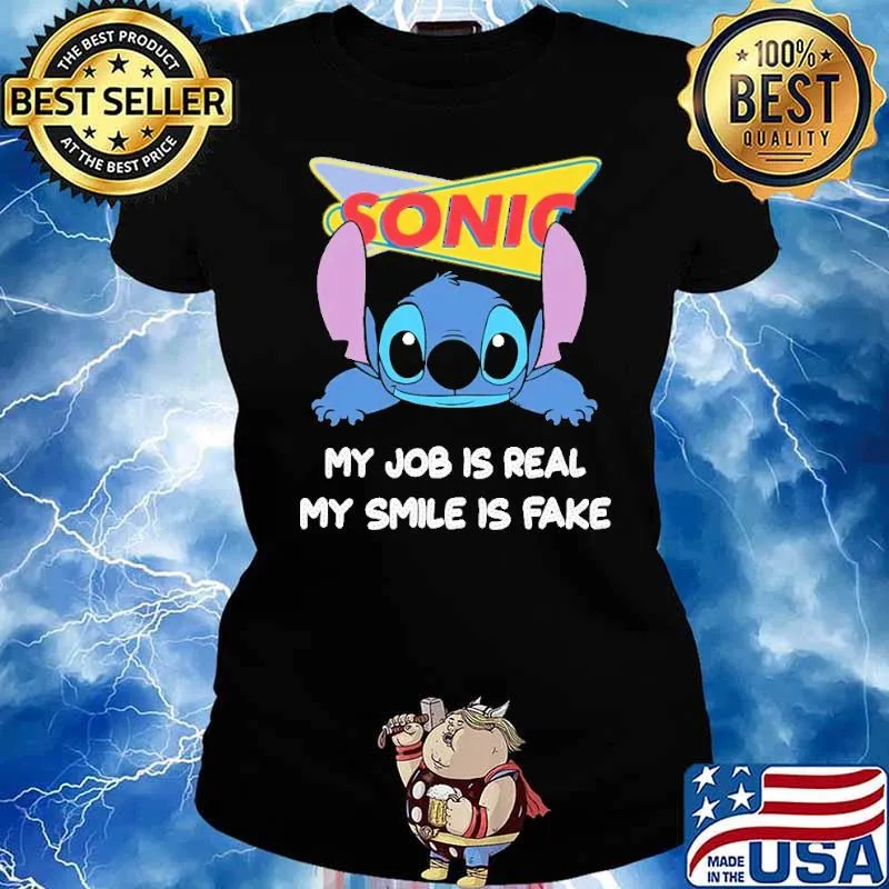 Stitch Sonic my job is real my smile is fake s Ladies tee