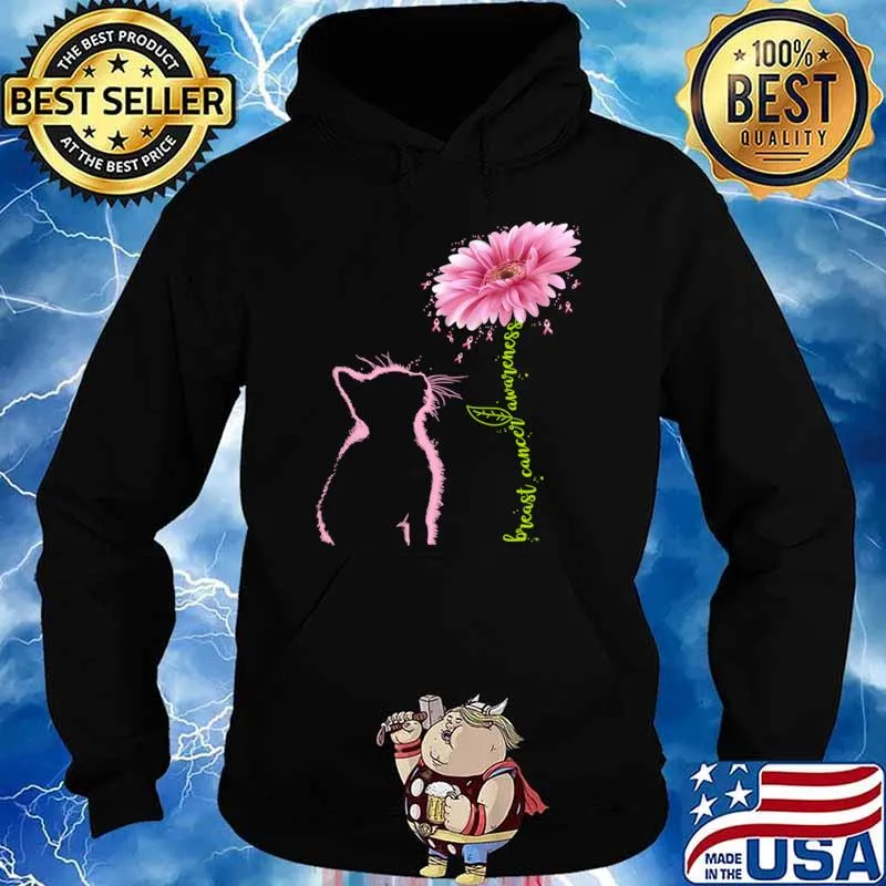 Breast Cancer Awareness Pink Ribbon Daisy Flower Cat T-Shirt Hoodie
