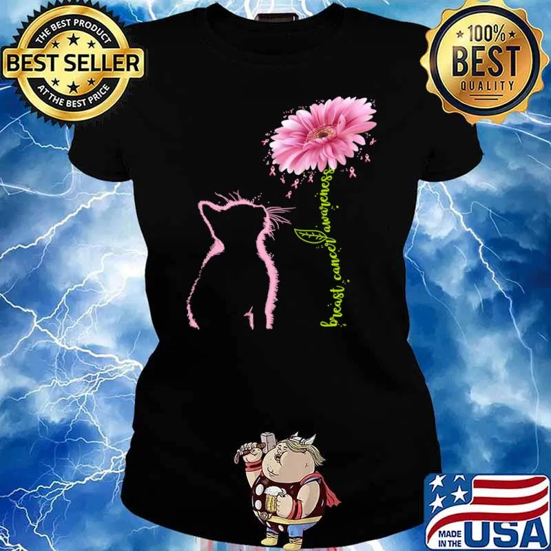Breast Cancer Awareness Pink Ribbon Daisy Flower Cat T-Shirt Ladies tee