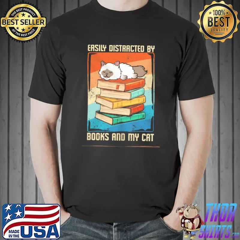 Easily distracted by books and my cat vintage retro shirt