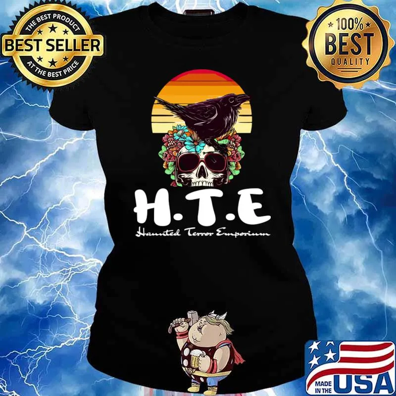 Halloween Skull Raven Flowers Haunted Terror Emporium Apparel Vintage T-Shirt Ladies tee