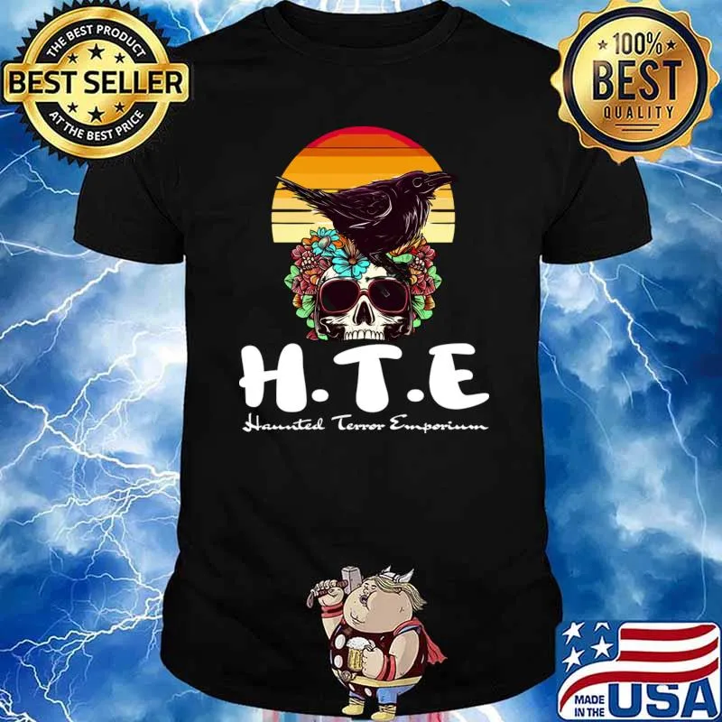 Halloween Skull Raven Flowers Haunted Terror Emporium Apparel Vintage T-Shirt
