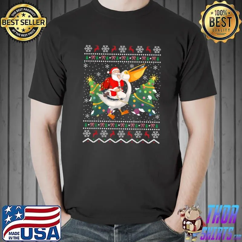 Pelican Lover Ugly Santa Riding Pelican Christmas T-Shirt