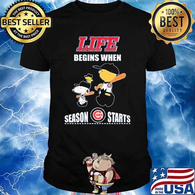 Snoopy and charlie brown woodstocks life begins when season cubs shirt