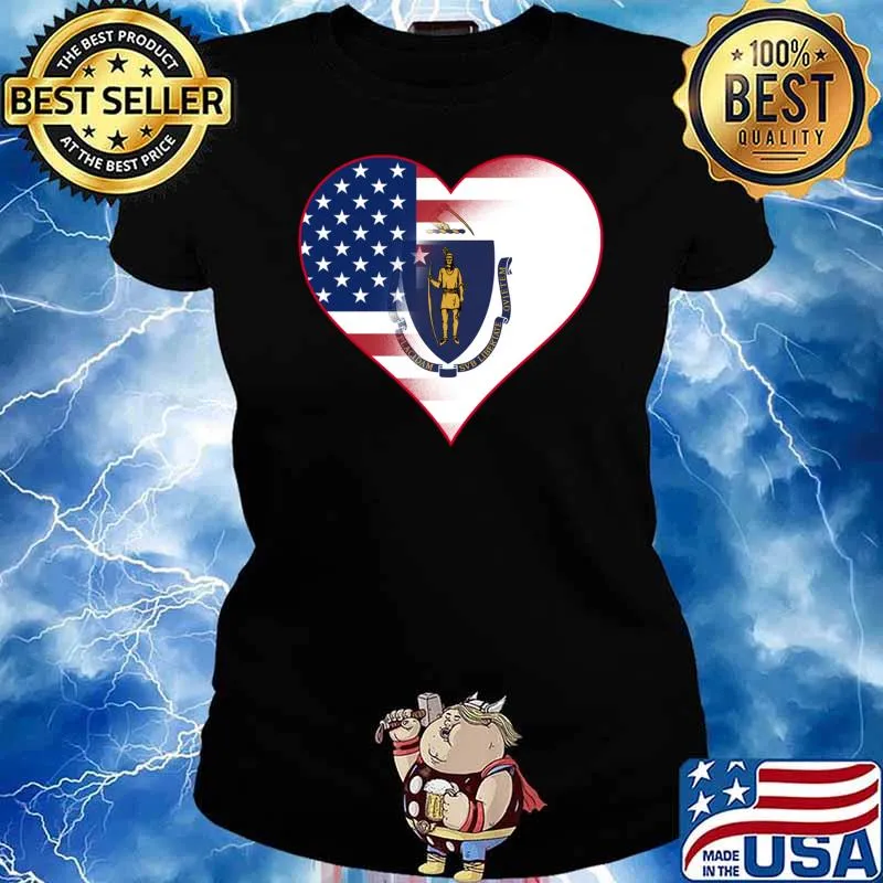 Heart Placidam Svb Libertate State Of Massachusetts Flag And American Flag Fusion T-Shirt Ladies tee