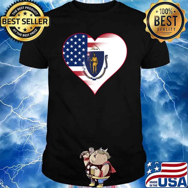 Heart Placidam Svb Libertate State Of Massachusetts Flag And American Flag Fusion T-Shirt